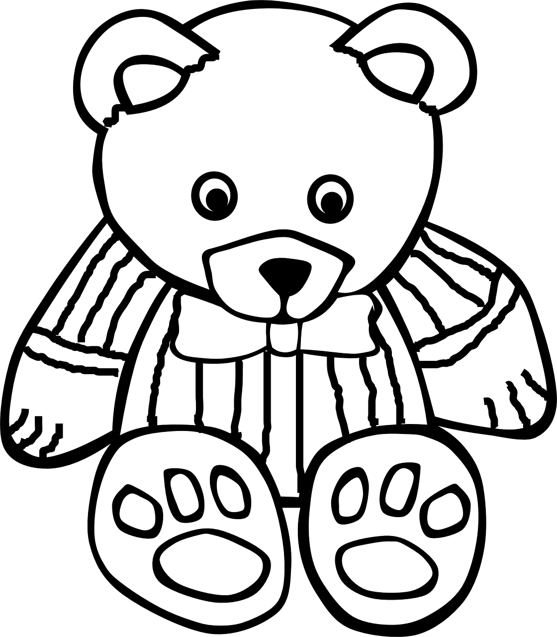 a black and white drawing of a teddy bear, a cartoon, pixabay, sleepwear, [ colourful, black and white”, high-contrast
