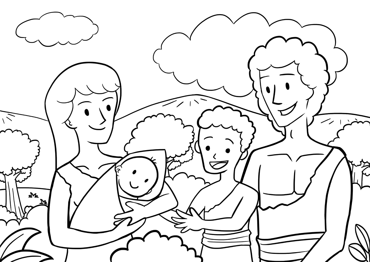 a man holding a baby and a woman holding a baby, a storybook illustration, by Adam Manyoki, figuration libre, colouring page, pre - historic, clouds visible, adam and eve