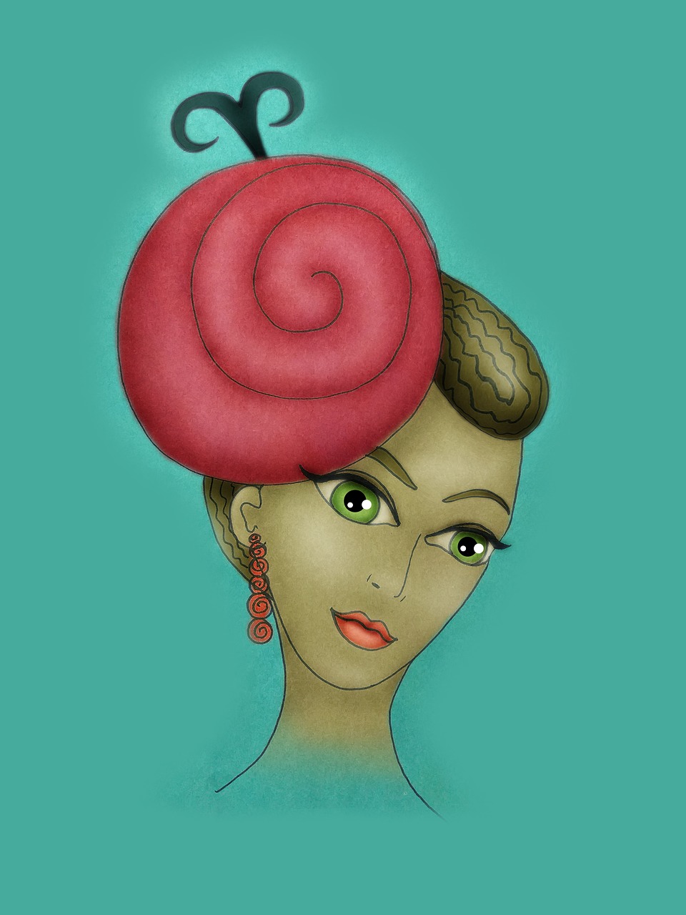 a drawing of a woman wearing a red hat, a digital painting, inspired by Kahlo, behance contest winner, pop surrealism, in the shape of a cinnamon roll, turquoise pink and green, an apple, elegant art nouveau style
