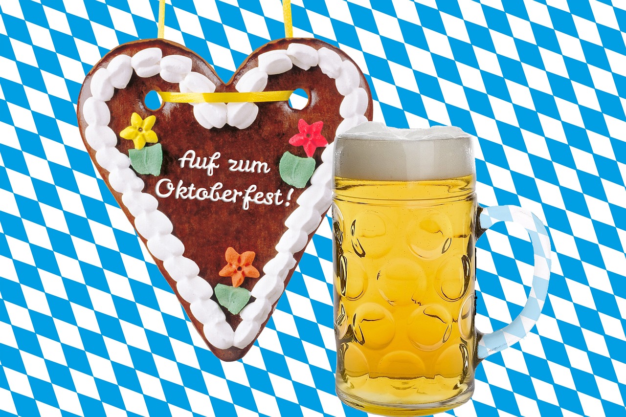 a heart shaped cookie next to a mug of beer, a picture, by Werner Gutzeit, shutterstock, art nouveau, large octoberfest invite card, with a blue background, flag, productphoto