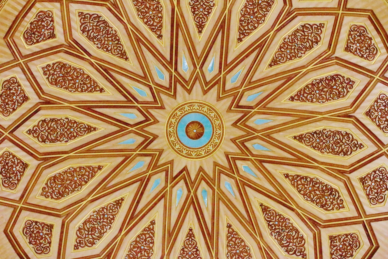 a decorative design on the ceiling of a building, a detailed painting, inspired by Alberto Morrocco, flickr, oman, star roof, caramel, ultrafine detail ”