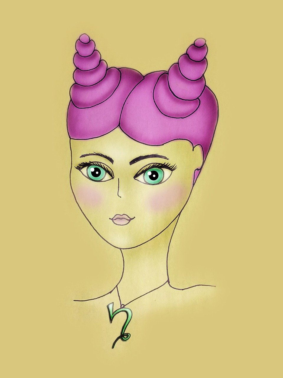 a drawing of a woman with horns on her head, inspired by Ursula Edgcumbe, trending on deviantart, pop surrealism, pink iconic character, digitally colored, cartoon style illustration, up face with 1 9 2 0 s hairstyle