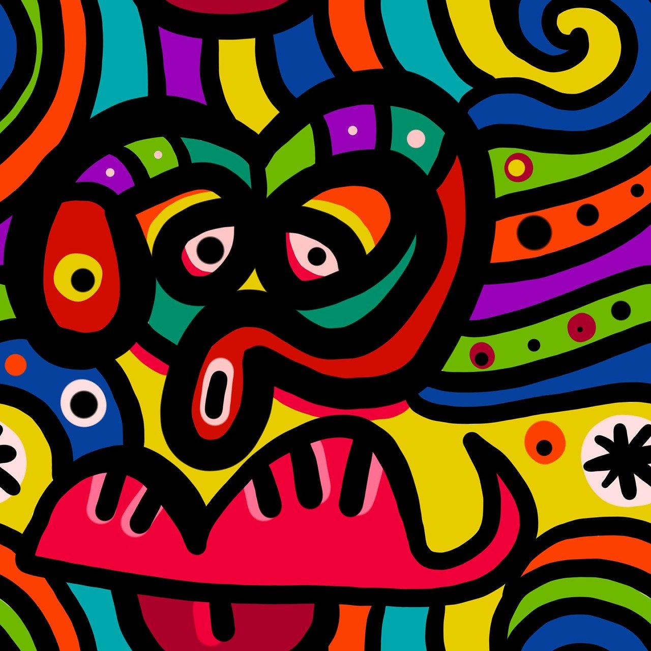 a close up of a colorful painting of a dog, an abstract drawing, toyism, !!! very coherent!!! vector art, mouth of hell, monster, line vector art