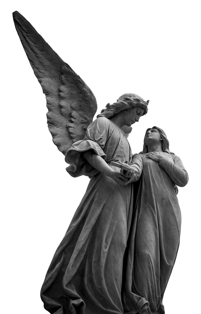 a couple of statues standing next to each other, by Achille Leonardi, pixabay contest winner, fine art, portrait of a beautiful angel, with a black background, pointing to heaven, black and white color photograph