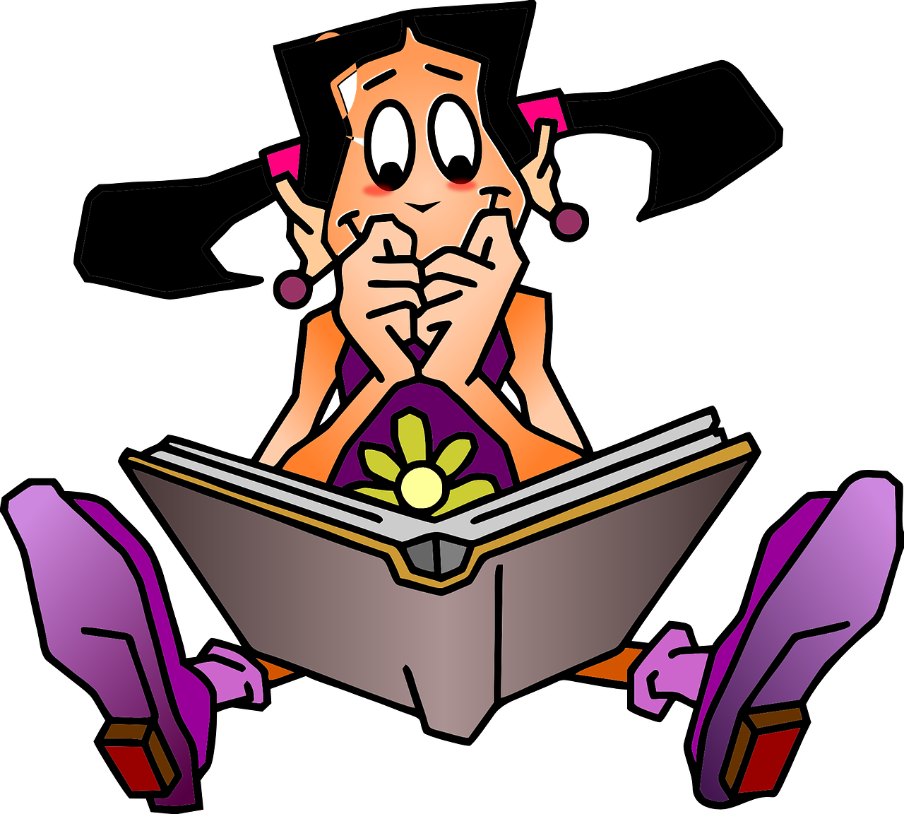 a girl sitting on the floor reading a book, a storybook illustration, pixabay, figuration libre, shocked look, coloured comic, dark!!!, read a directory book