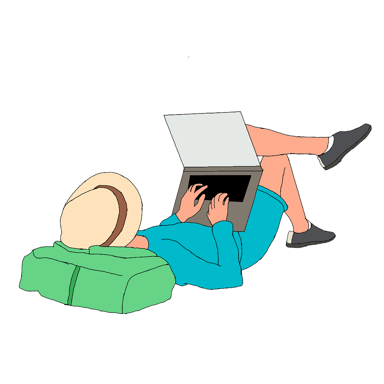 a person laying down with a laptop on their lap, by Odhise Paskali, pixabay, computer art, tourist, on a flat color black background, girl, traveling clothes