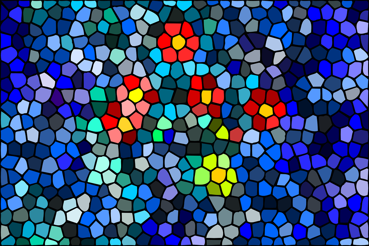 a stained glass picture of a person holding a tennis racquet, inspired by Gaudi, pixabay, pointillism, !!! very coherent!!! vector art, flower background, hexagonal stones, blue and red