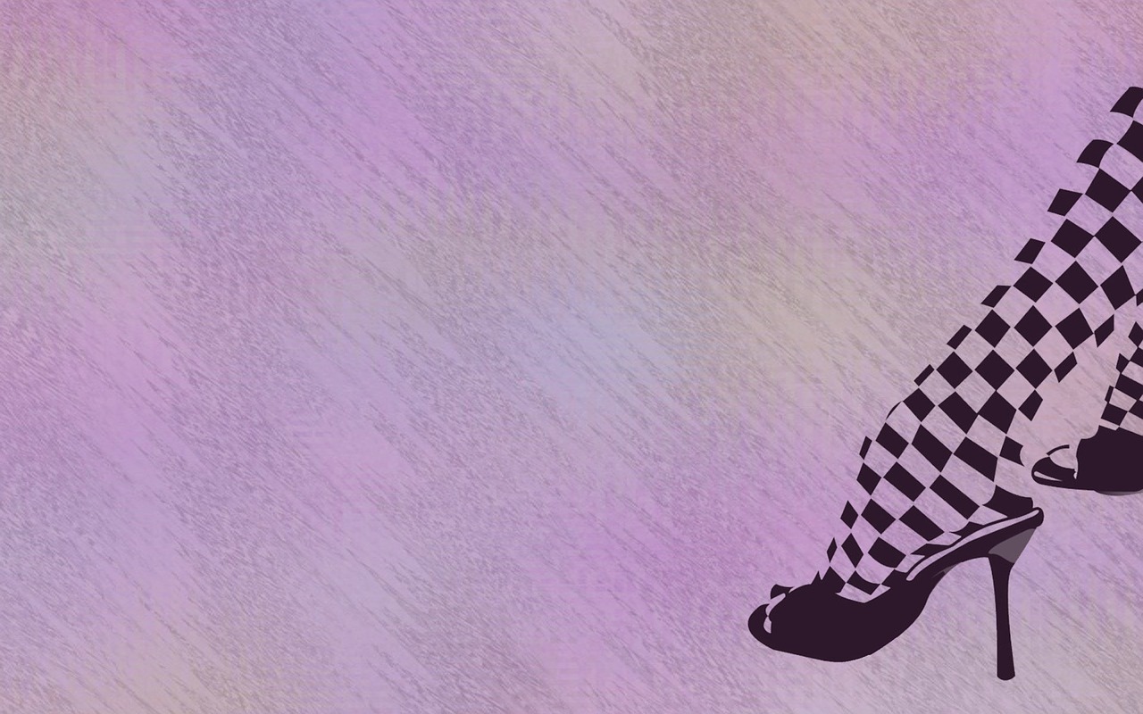 a pair of black and white checkered high heels, a pastel, op art, digital banner, purplish space in background, racing, her foot sticking out