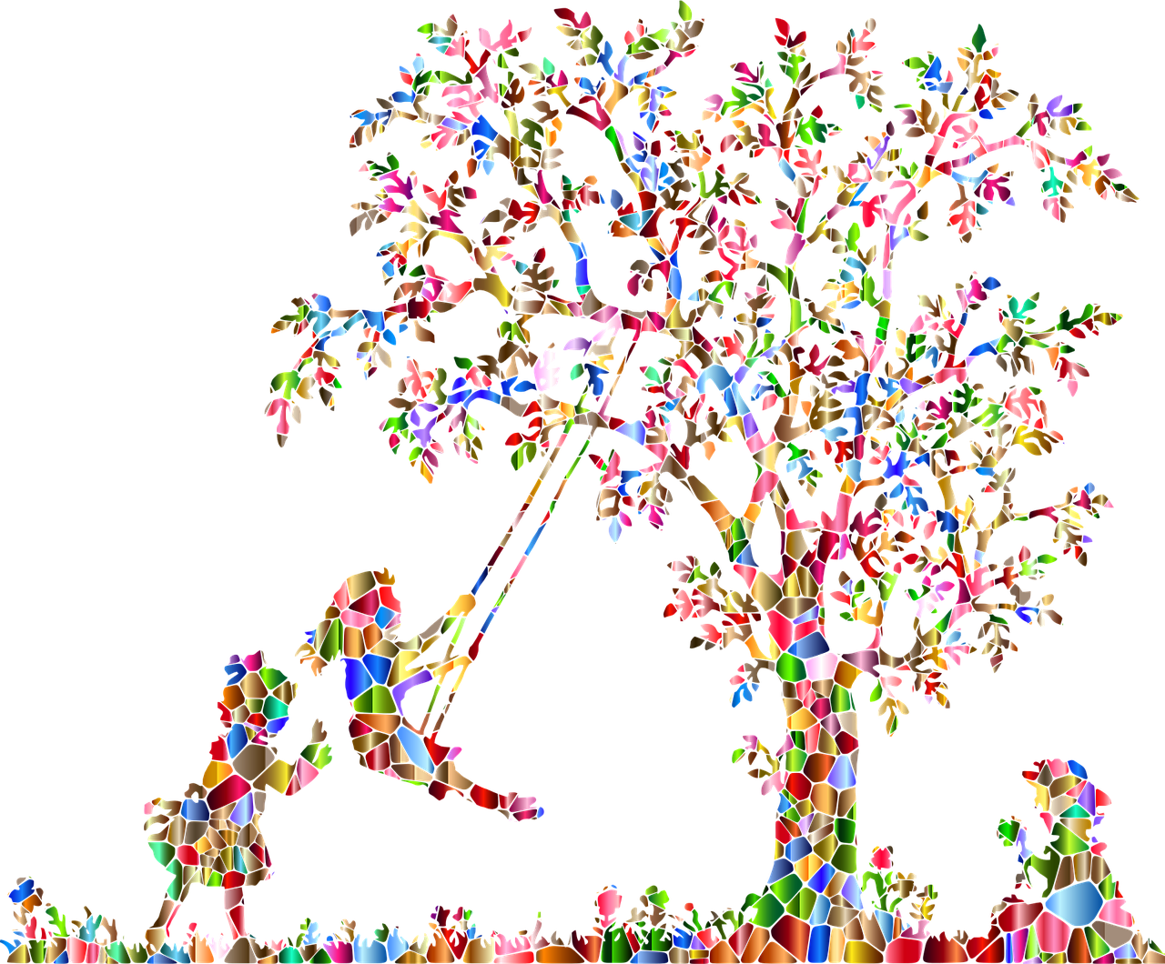 a painting of a person on a swing next to a tree, a digital rendering, inspired by Henri-Edmond Cross, generative art, on black background, full of colour 8-w 1024, abstract claymation, happy people