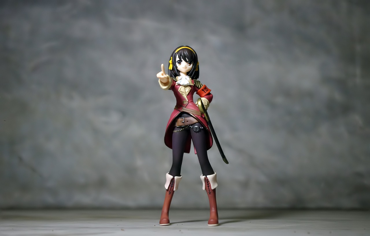 a close up of a figurine of a woman with a sword, a picture, by Jin Homura, polycount, shin hanga, megumin from konosuba, fullbody photo, with pistol, half body photo