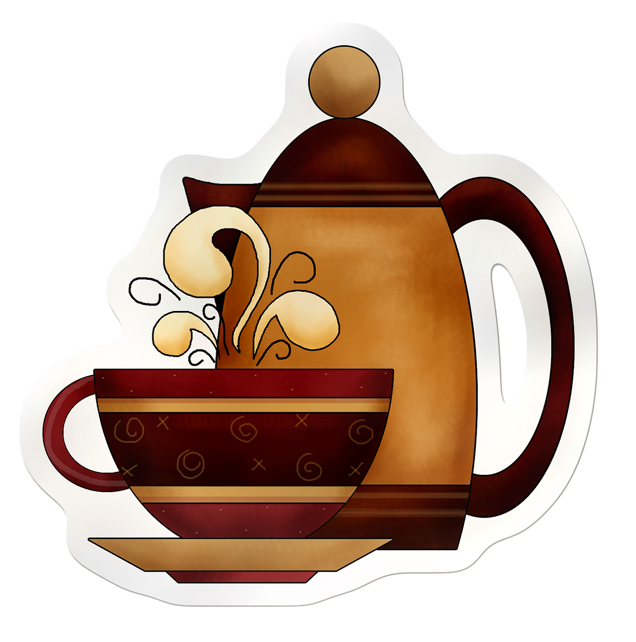 a cup of coffee with steam coming out of it, a digital rendering, inspired by Shūbun Tenshō, die cut sticker, graphic 4 5, teapot : 1, shaped picture