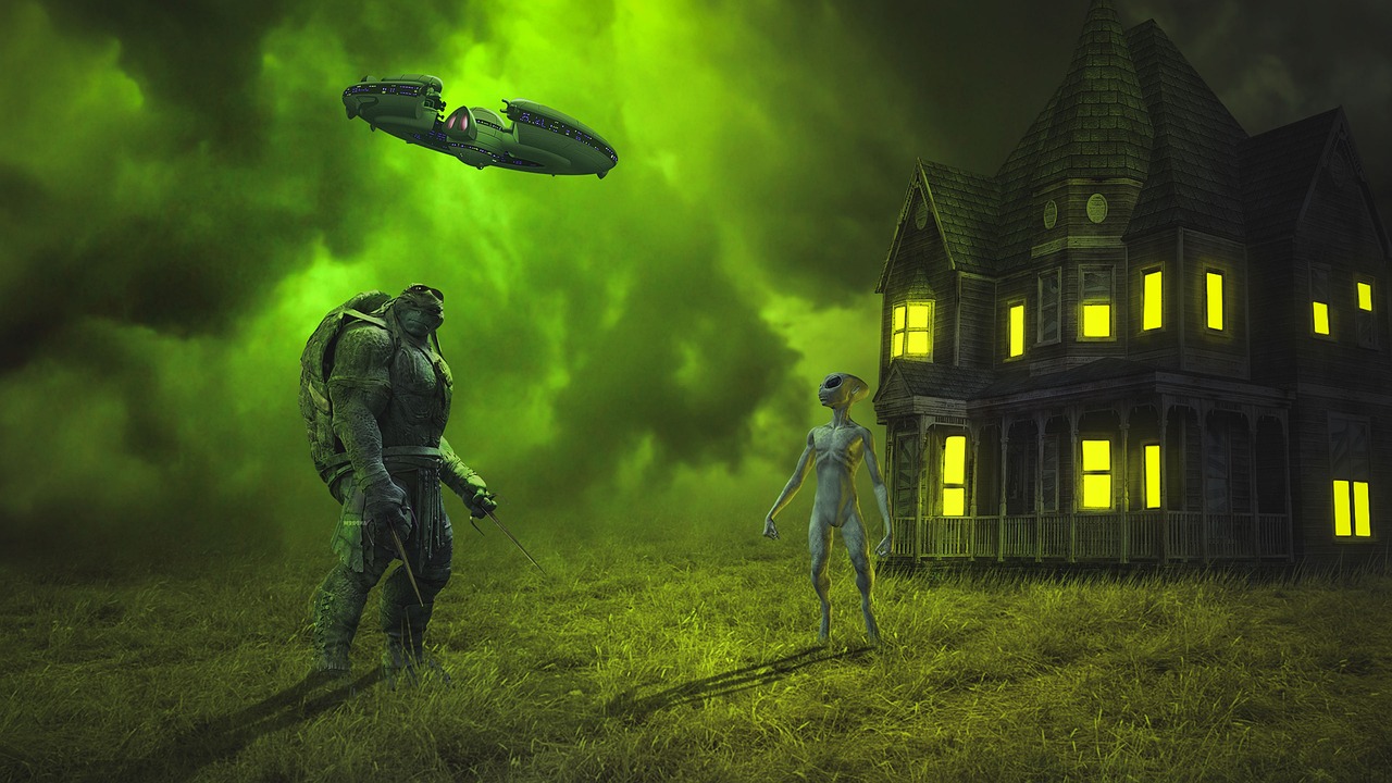 a couple of people standing in front of a house, by Wayne England, pixabay contest winner, surrealism, full of alien military equipment, green scary lights, flying saucers, wraiths riding in the sky