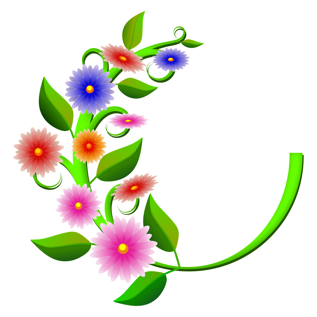 a bunch of colorful flowers on a black background, a digital rendering, sōsaku hanga, in laurel wreath, svg illustration, daisy, smooth curvilinear design