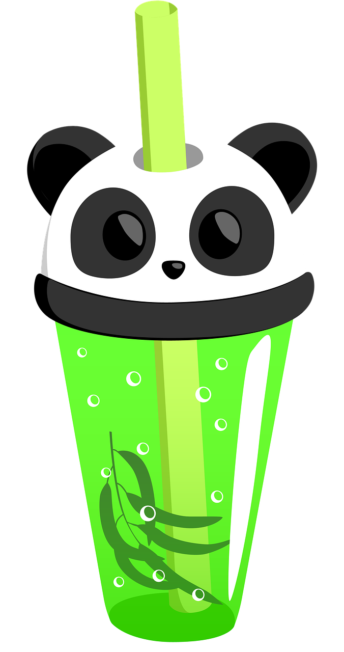 a green drink with a panda face sticking out of it, a digital rendering, deviantart, cute colorful adorable, pick wu, black and white vector art, grenade