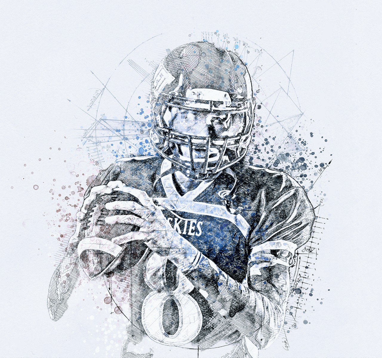 a drawing of a football player holding a ball, by Adam Marczyński, digital art, watercolor painting style, intricate artwork masterpiece, greg rutkowski uhd 8k, graphite