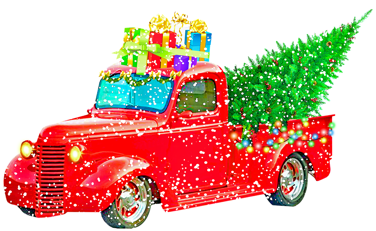 a red truck with a christmas tree in the back, a digital rendering, by Lynn Pauley, pop art, glitter gif, avatar image, background image, closeup!!!!!!
