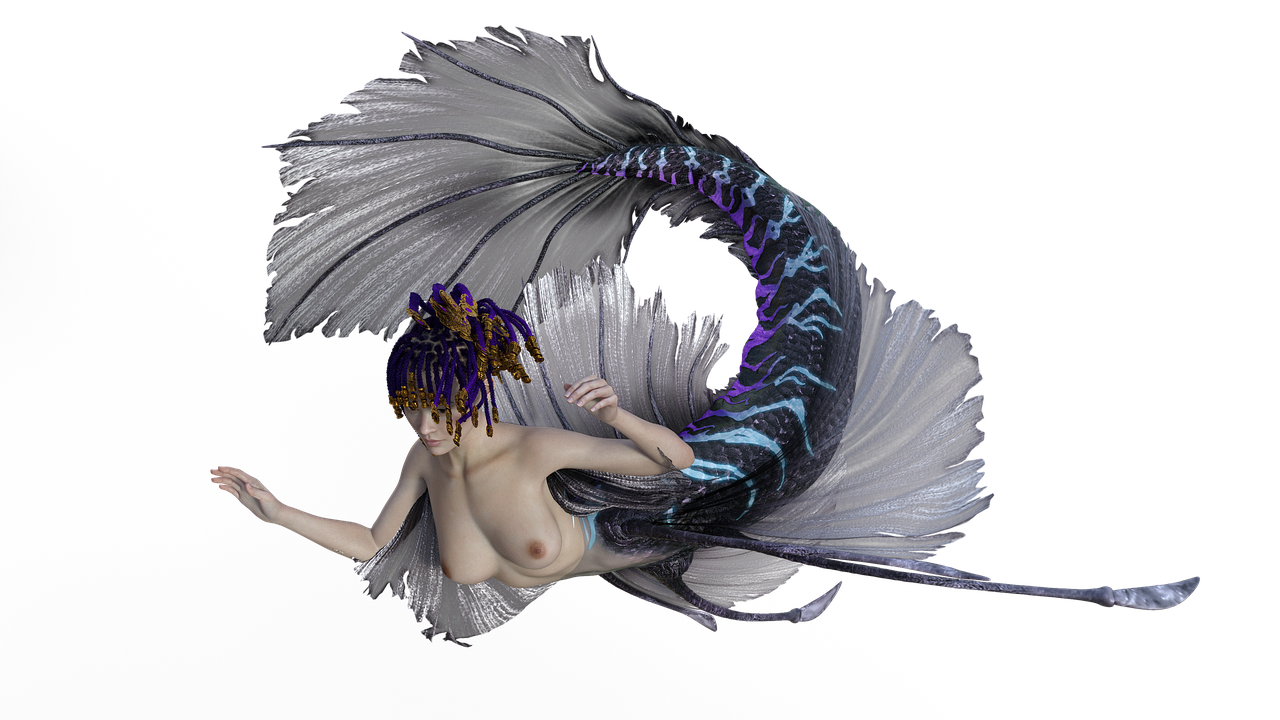 a woman flying through the air next to a fish, inspired by Alison Kinnaird, zbrush central contest winner, shunga style, 3 d render n - 9, large tail, close full body shot