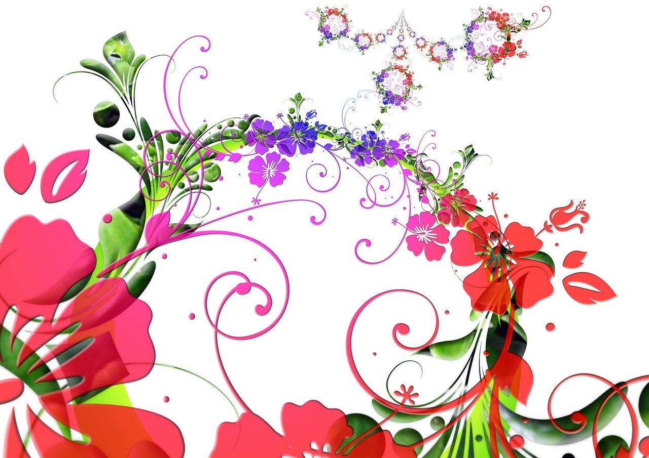 a picture of a bunch of flowers on a white background, vector art, by Henryka Beyer, flickr, electric vines and swirls, red and magenta flowers, colorful refractive adornments, screencapture