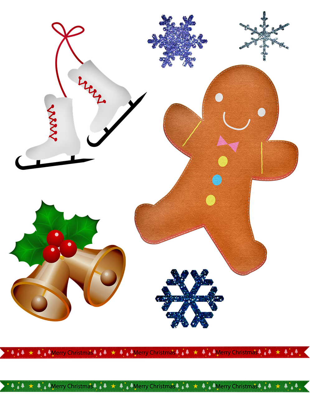 a gingerbread, bells, and snowflakes on a black background, a digital rendering, 😃😀😄☺🙃😉😗, cut out collage, clip art, toys