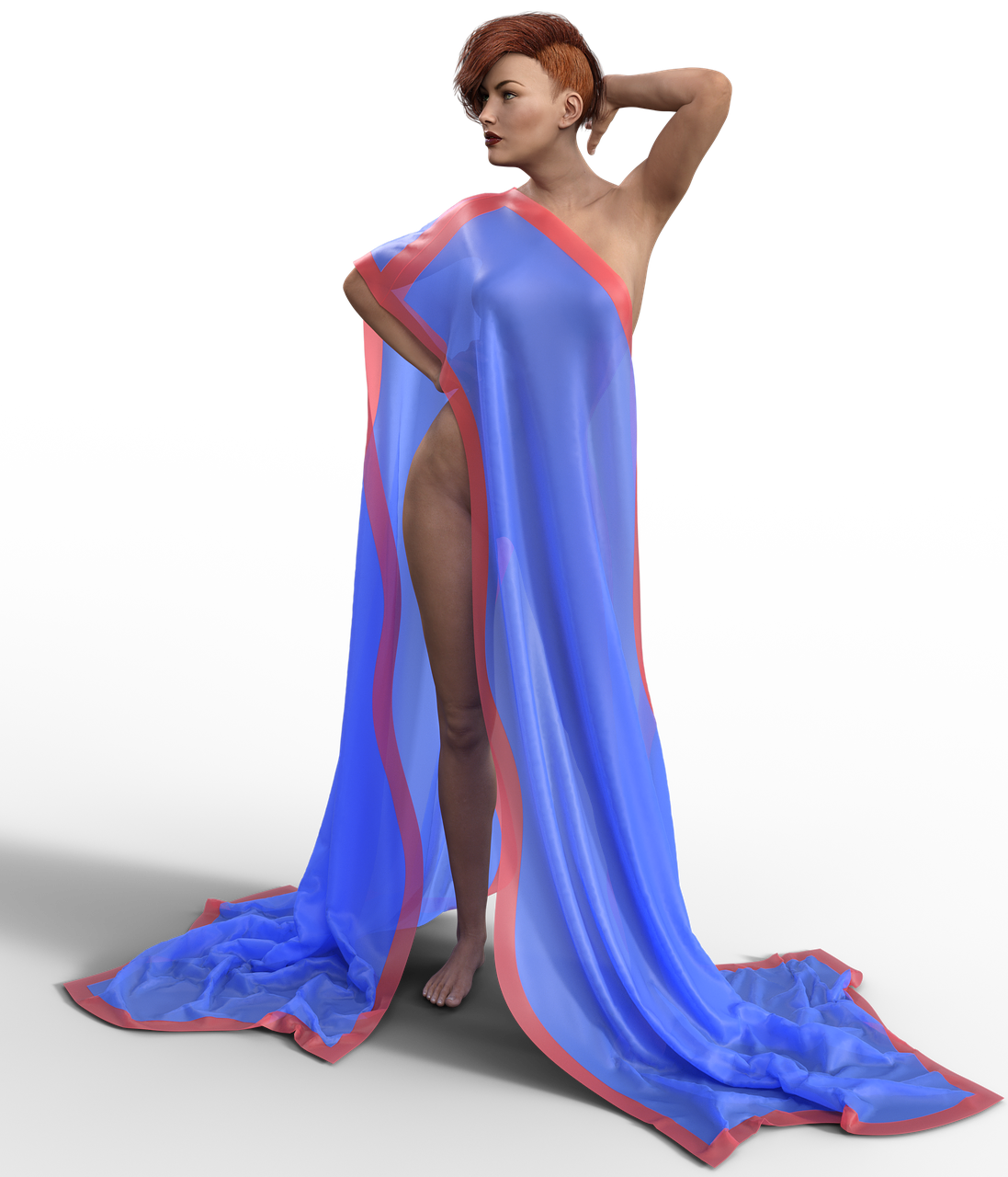 a woman in a blue and pink dress, a raytraced image, by Juan O'Gorman, featured on zbrush central, digital art, large draped cloth, sexy gown, blue and red, full lenght view