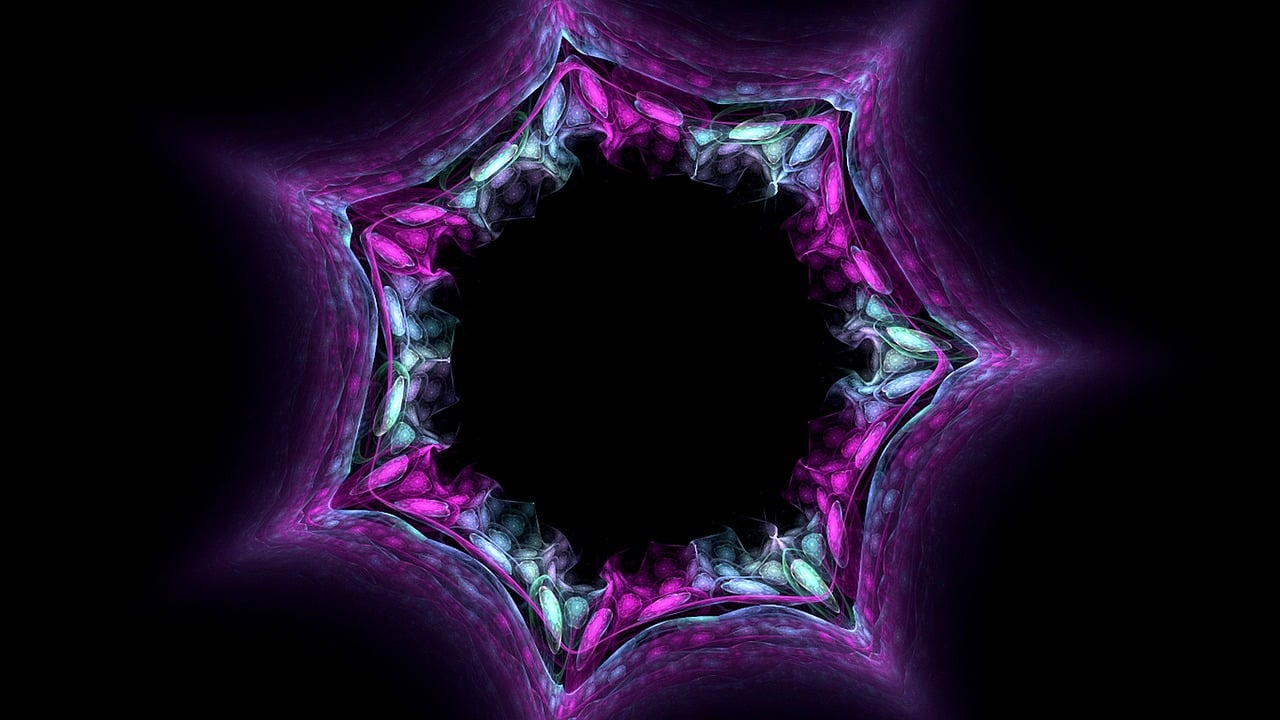 a close up of a star shaped object on a black background, a microscopic photo, inspired by Benoit B. Mandelbrot, generative art, purple and pink, fractal frame, portal to hell, round background