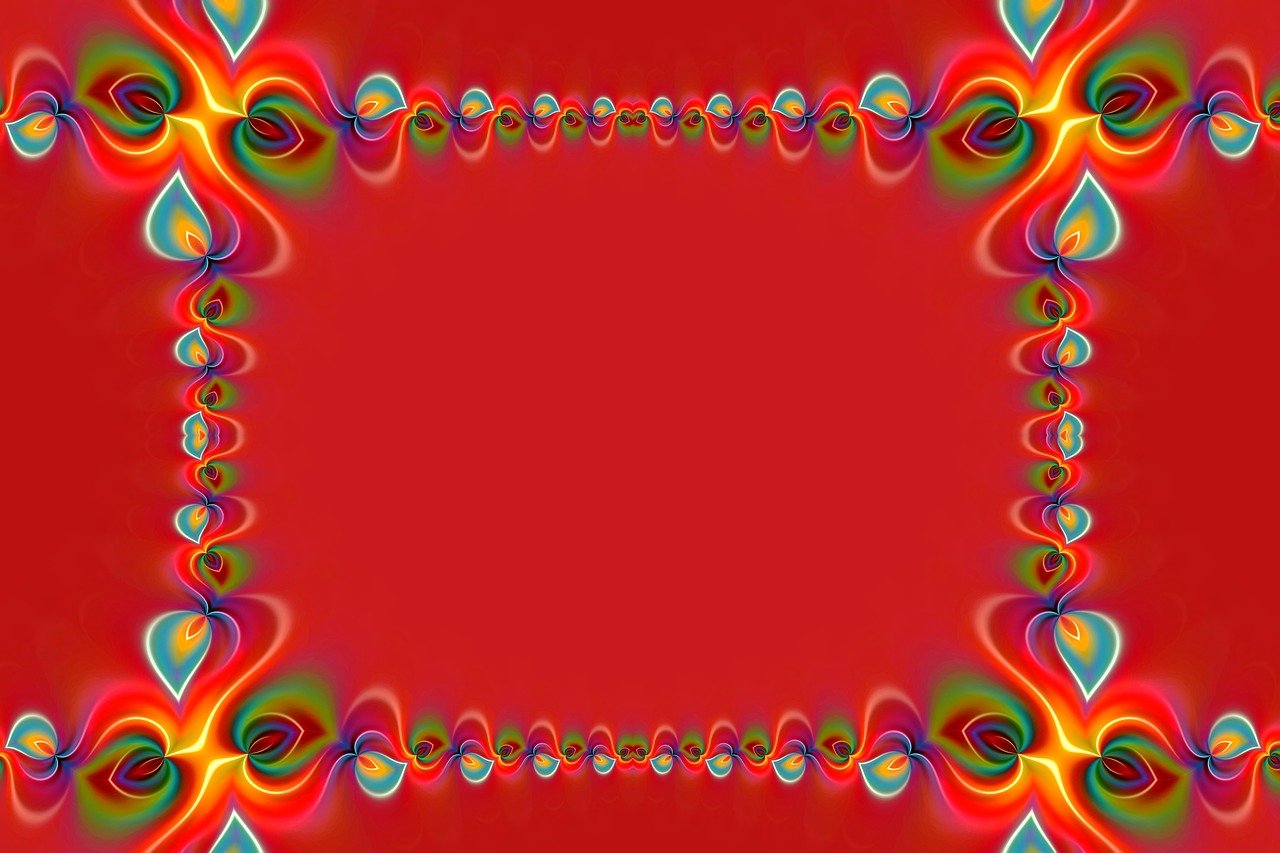 a colorful frame on a red background, a digital rendering, inspired by Benoit B. Mandelbrot, color field, red hearts, wide wide shot, lsd waves, card