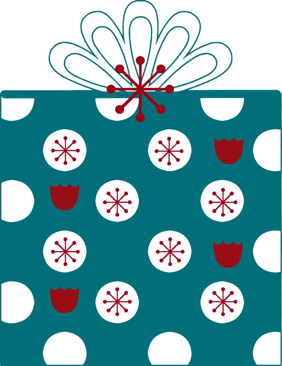 a present box with a bow on top of it, inspired by Masamitsu Ōta, pop art, black+velvet+red+turquoise, icon pattern, flower, christmas night