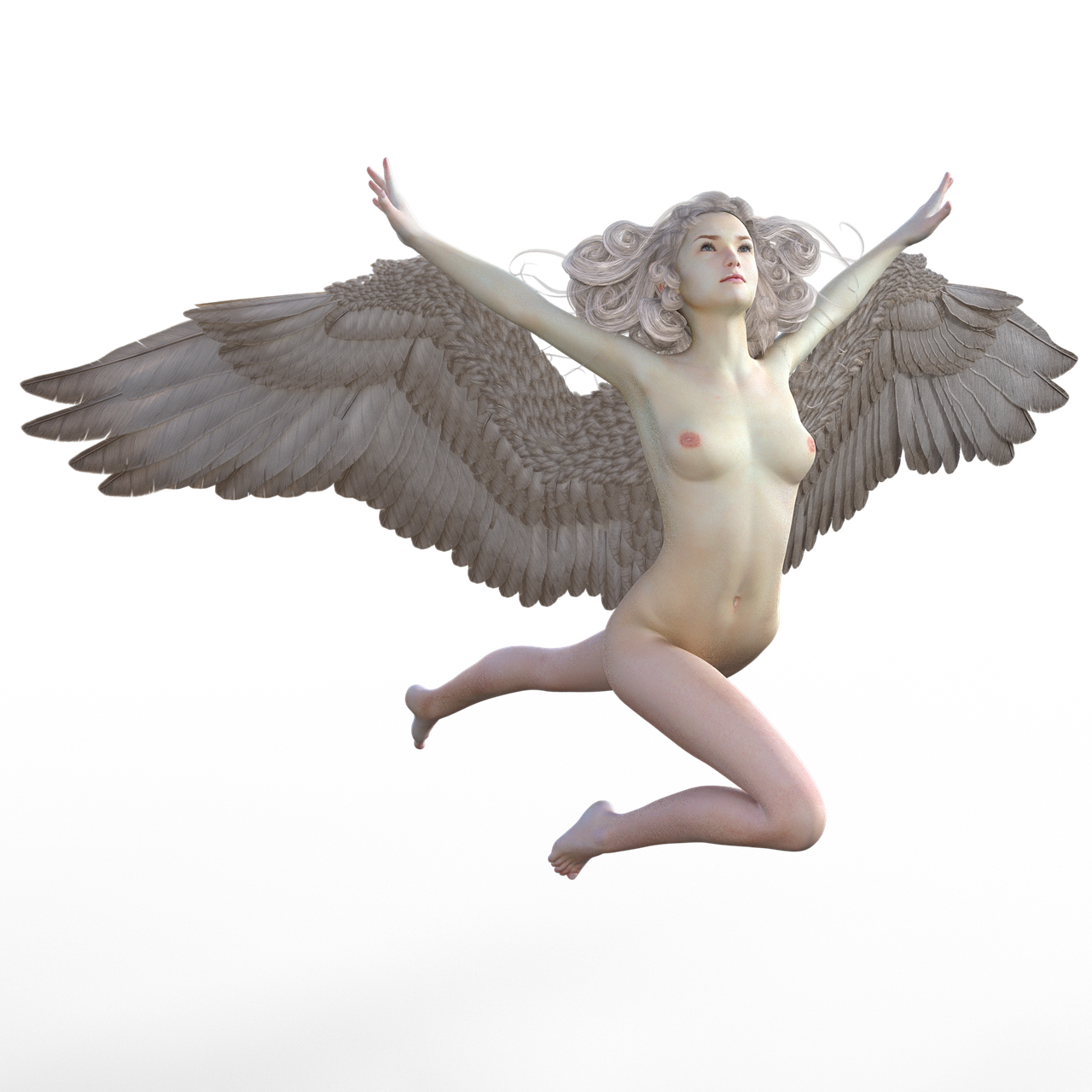 an image of a woman with wings in the air, a 3D render, inspired by Roberto Ferri, full entire body fun pose, blonde, 3d-render, cherub