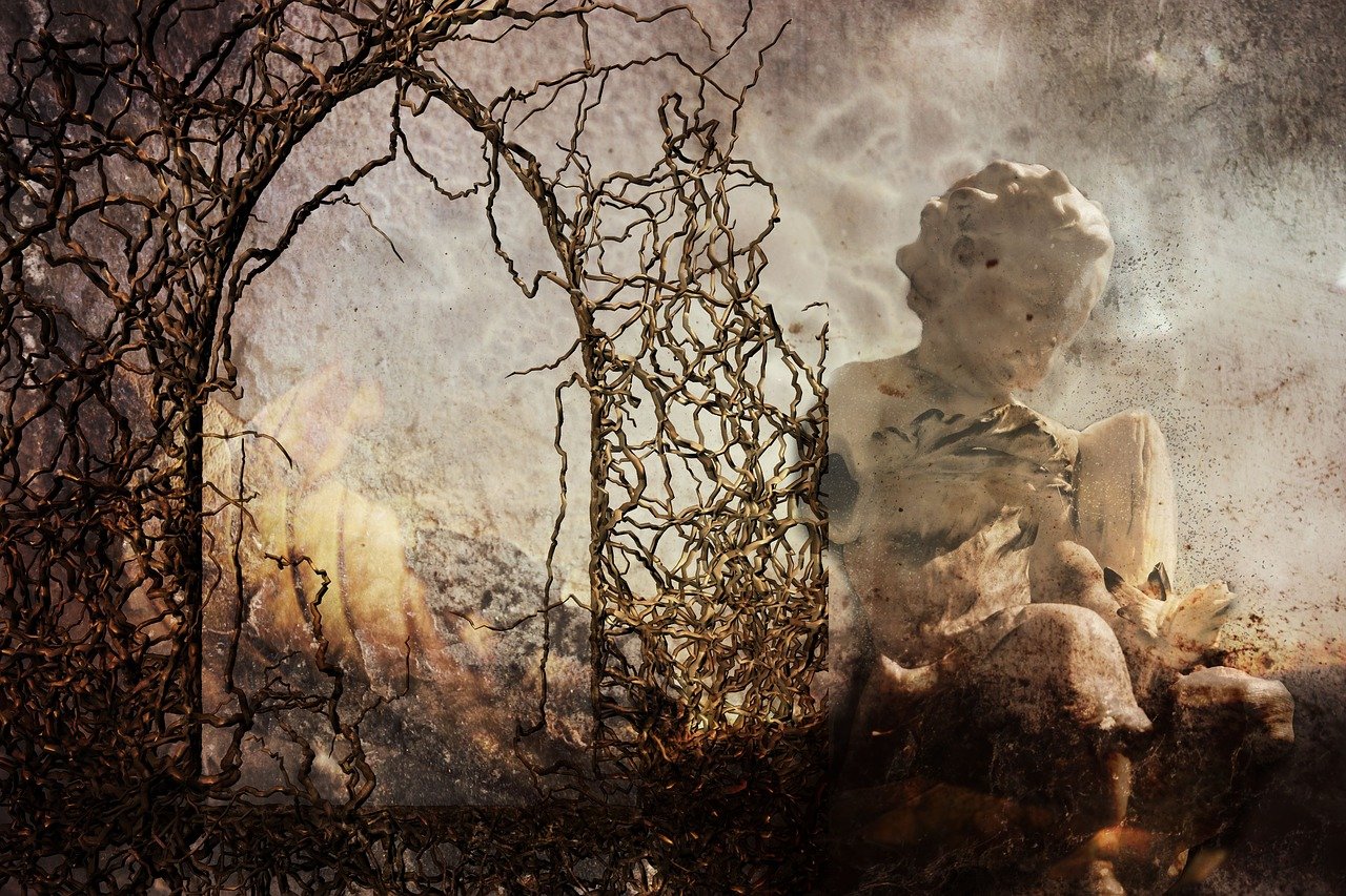 a statue sitting on top of a lush green field, digital art, inspired by Katia Chausheva, torn paper smouldering smoke, gate to hell, middle close up composition, intricate overlay flames imagery