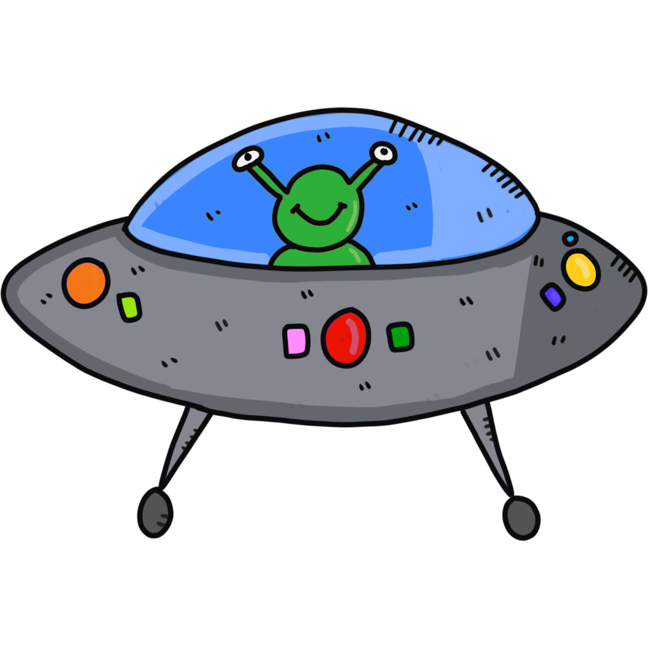 a cartoon alien in a flying saucer, dark ( spaceship ), vehicle illustration, full color illustration, clipart