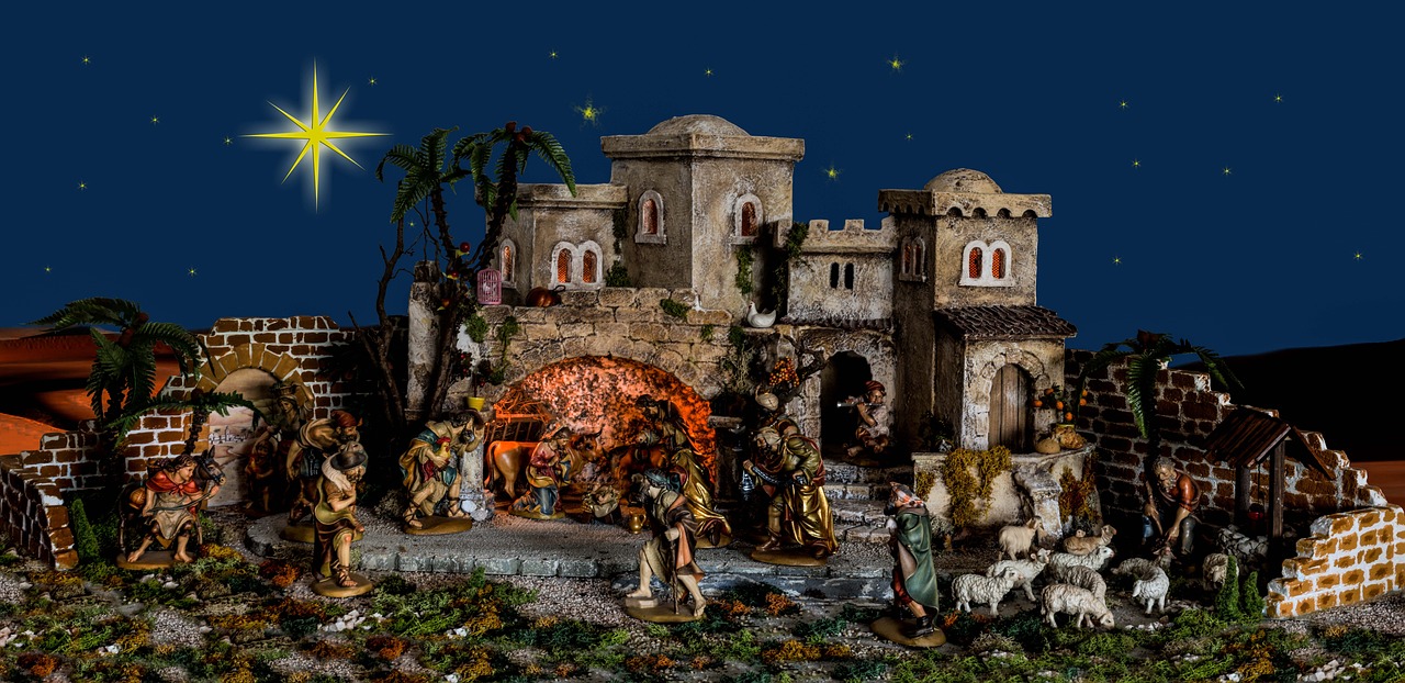 a nativity scene of the birth of jesus, by Lucia Peka, trending on pixabay, fine art, realistic photo of a town, detailed set design, set at night, italian masterpiece