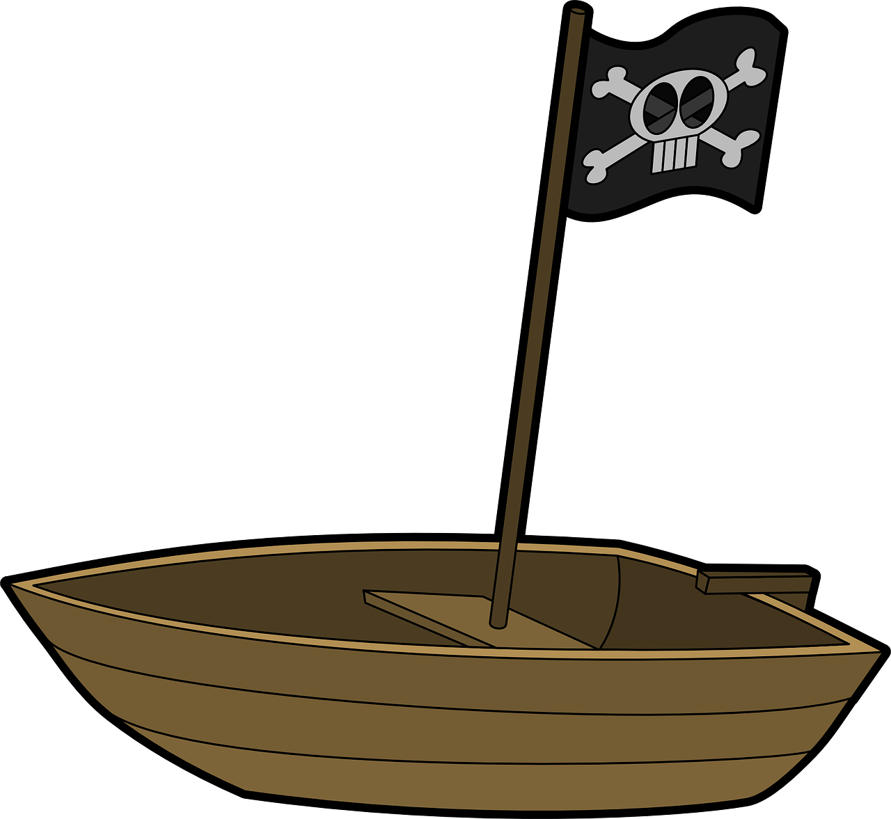 a boat with a pirate flag on it, an illustration of, mingei, black background, random background scene, boney, harry volk clip art style