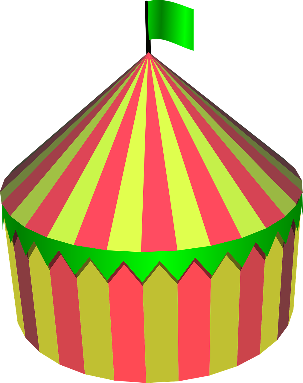 a circus tent with a flag on top, a screenshot, optical illusion, fancy funny hat, super sharp image, red green yellow color scheme, toddler