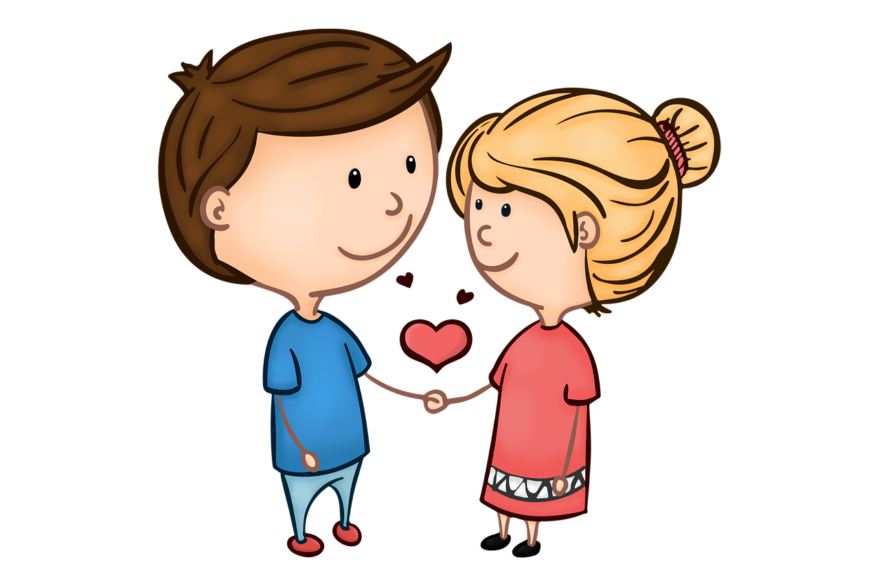 a boy and a girl holding hands with a heart, a digital rendering, pixabay, naive art, on black background, wikihow illustration, cute adorable, a beautiful artwork illustration