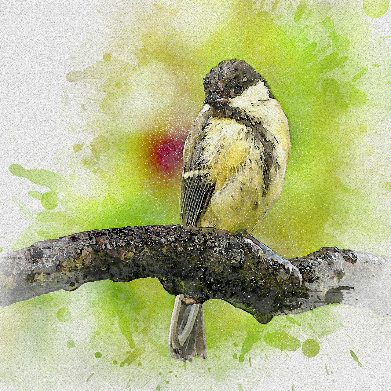 a watercolor painting of a bird perched on a branch, trending on pixabay, ecological art, selective color effect, digital oil on canvas, painted pale yellow and green, bushy tail