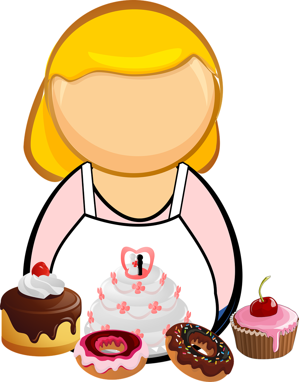 a little girl that is standing in front of some cupcakes, a digital rendering, naive art, on a flat color black background, wikihow illustration, white apron, clipart