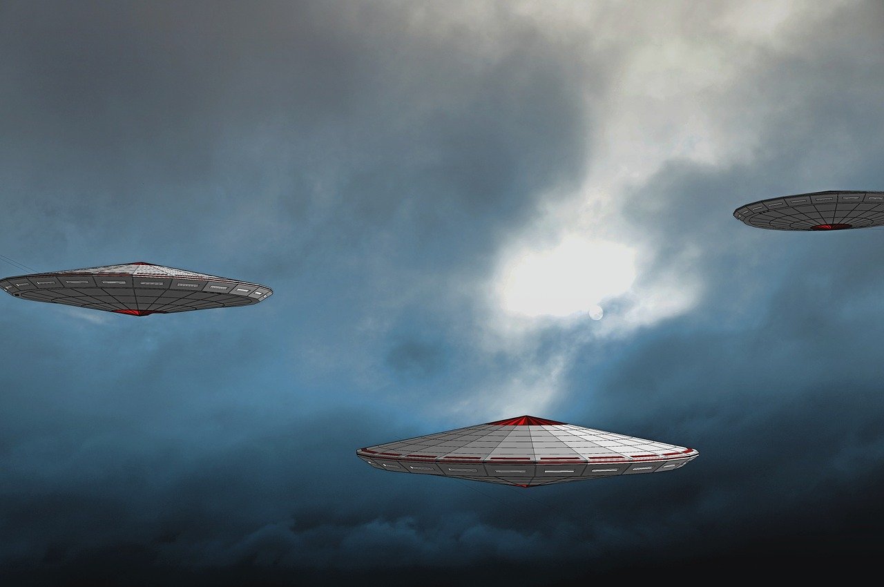 a group of spaceships flying through a cloudy sky, by Wayne England, cg society contest winner, parasols, banner, ufotable, foggy volumetric lighting