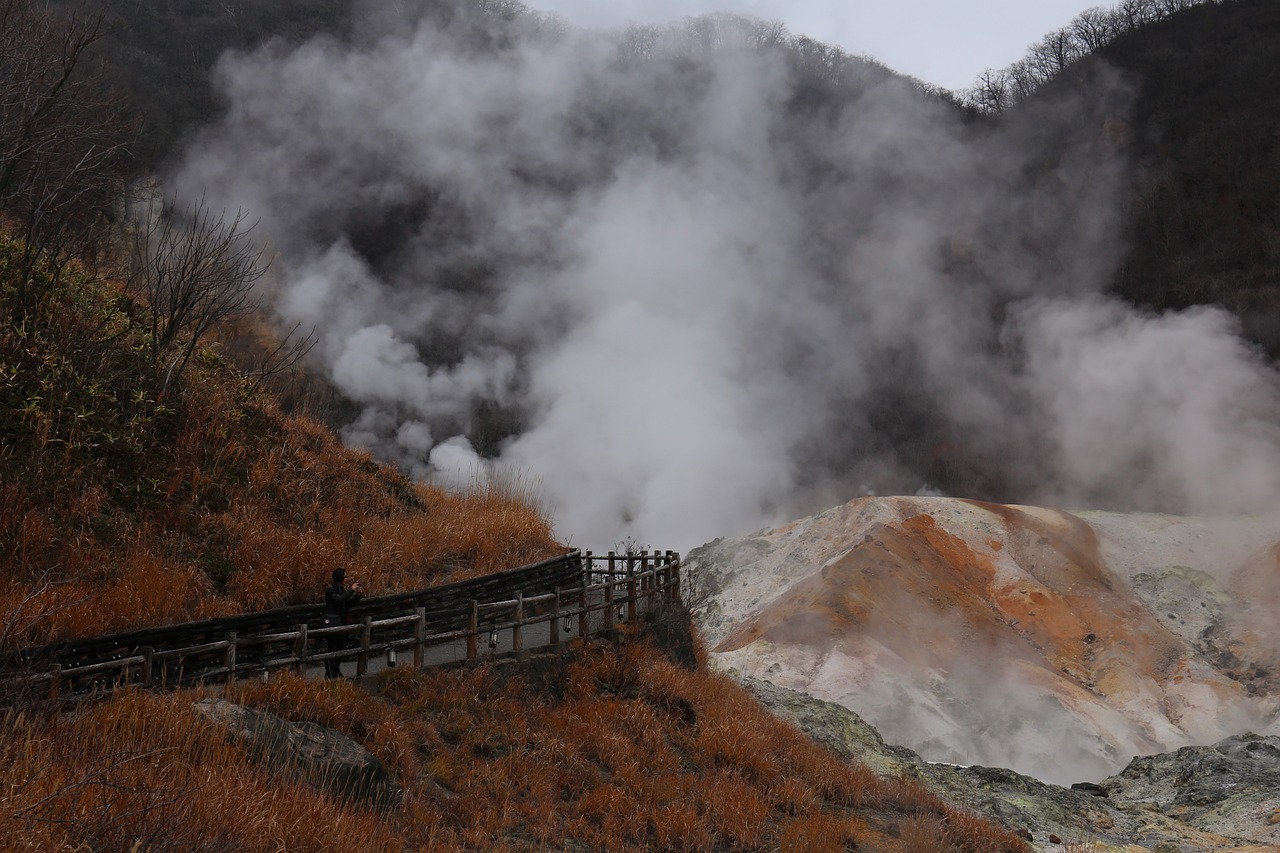 steam rises from a hot spring in the mountains, by Gusukuma Seihō, flickr, stairs from hell to heaven, volcanic skeleton, imari, terracotta