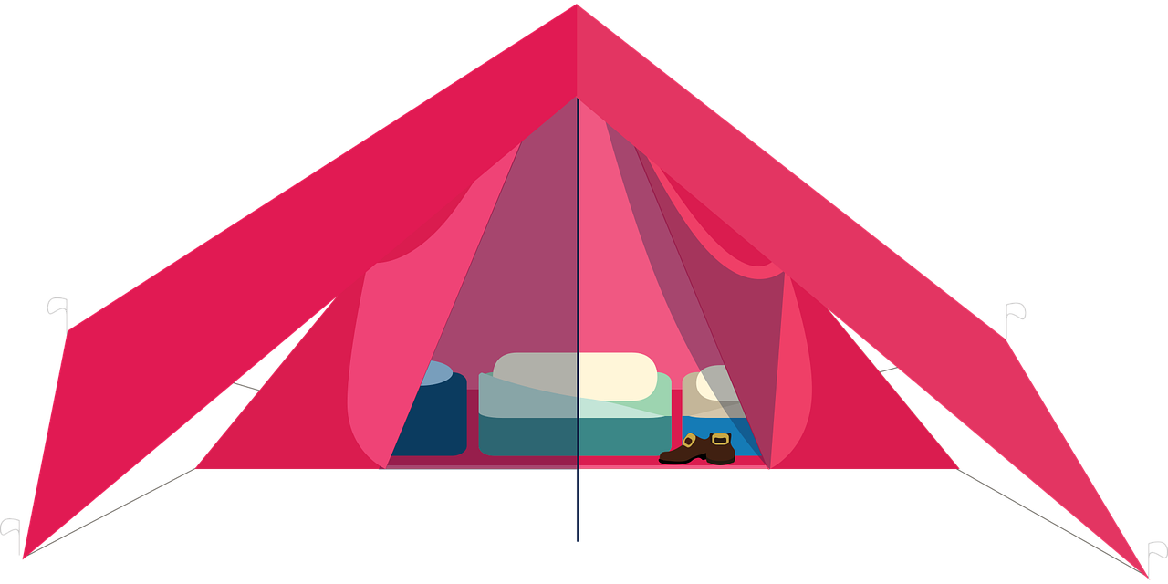 a tent with a teddy bear inside of it, an illustration of, pixabay, maximalism, pink and red color scheme, gif, bed, symmetrical front view