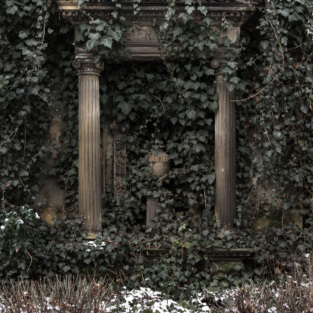 a fire hydrant sitting in front of a building covered in ivys, by Aleksander Gierymski, cg society contest winner, baroque, weeds and ivy on the graves, against a winter garden, classical stone columns, grotto