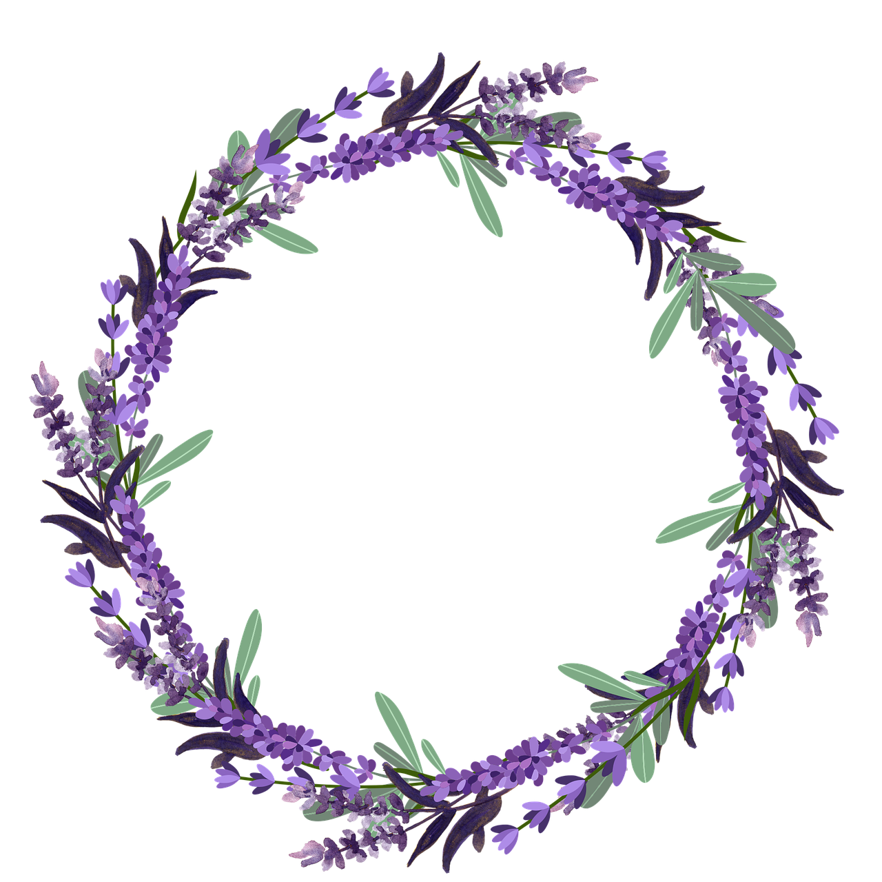 a wreath of purple flowers on a black background, a digital rendering, sage, hyacinth, round background, round elements
