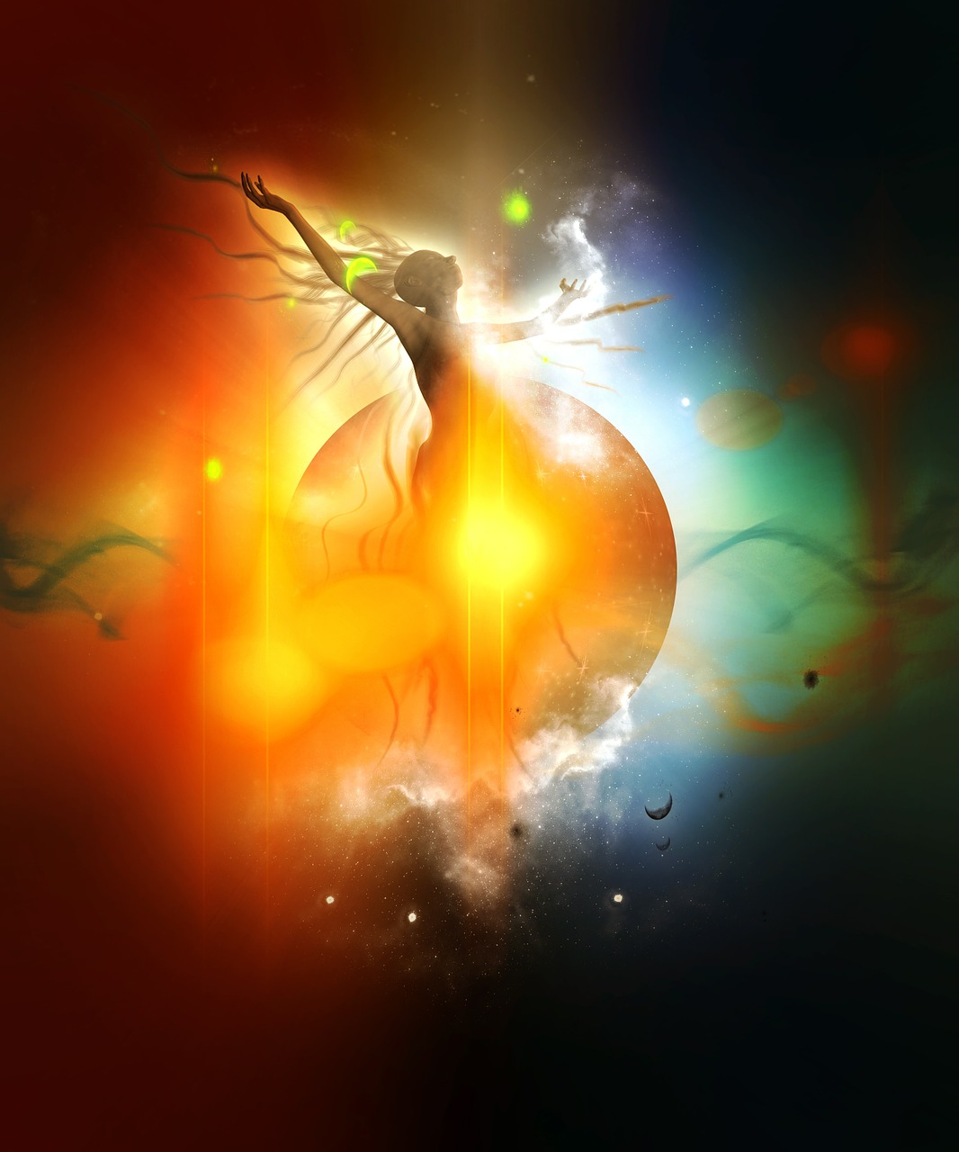 a woman that is flying through the air, digital art, an abstract spiritual background, as the goddess of the sun, pyre, cosmic tree of life