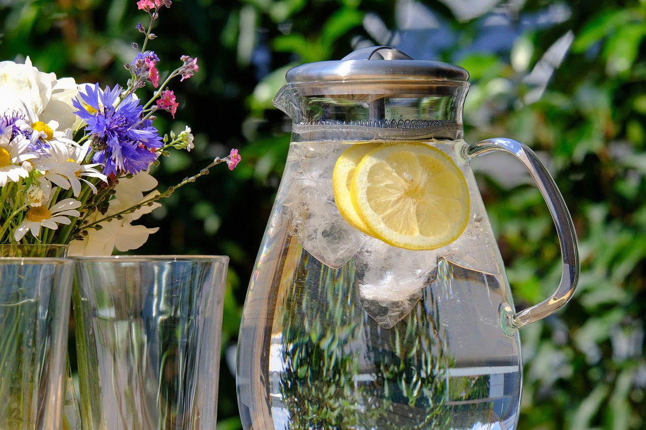 a pitcher of water with a lemon slice in it, a picture, by Anna Haifisch, flowers around, high res, glass jar, relaxing