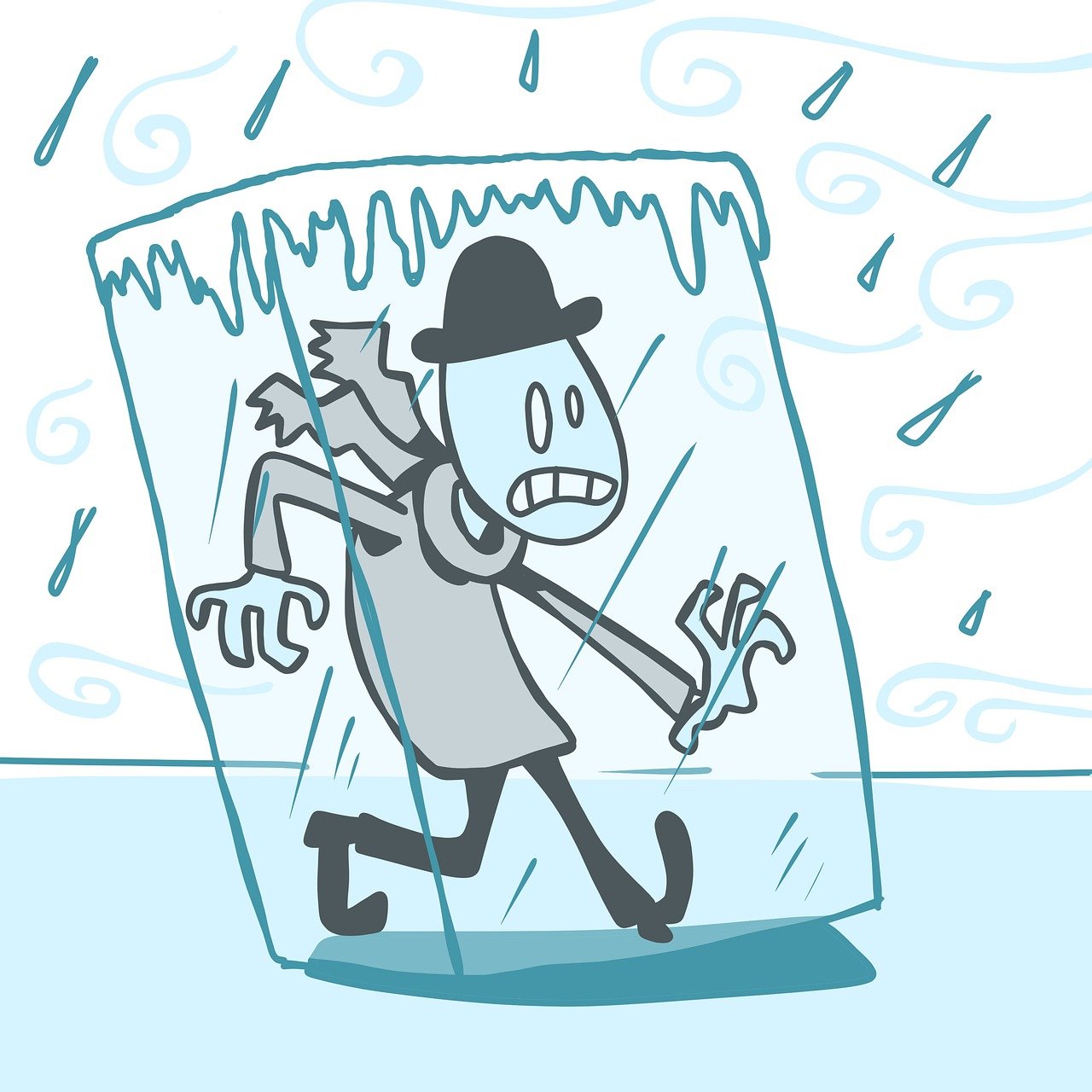 a drawing of a man walking through an ice block, a cartoon, glass rain, cartoon style illustration, inky illustration, harsh flash photo