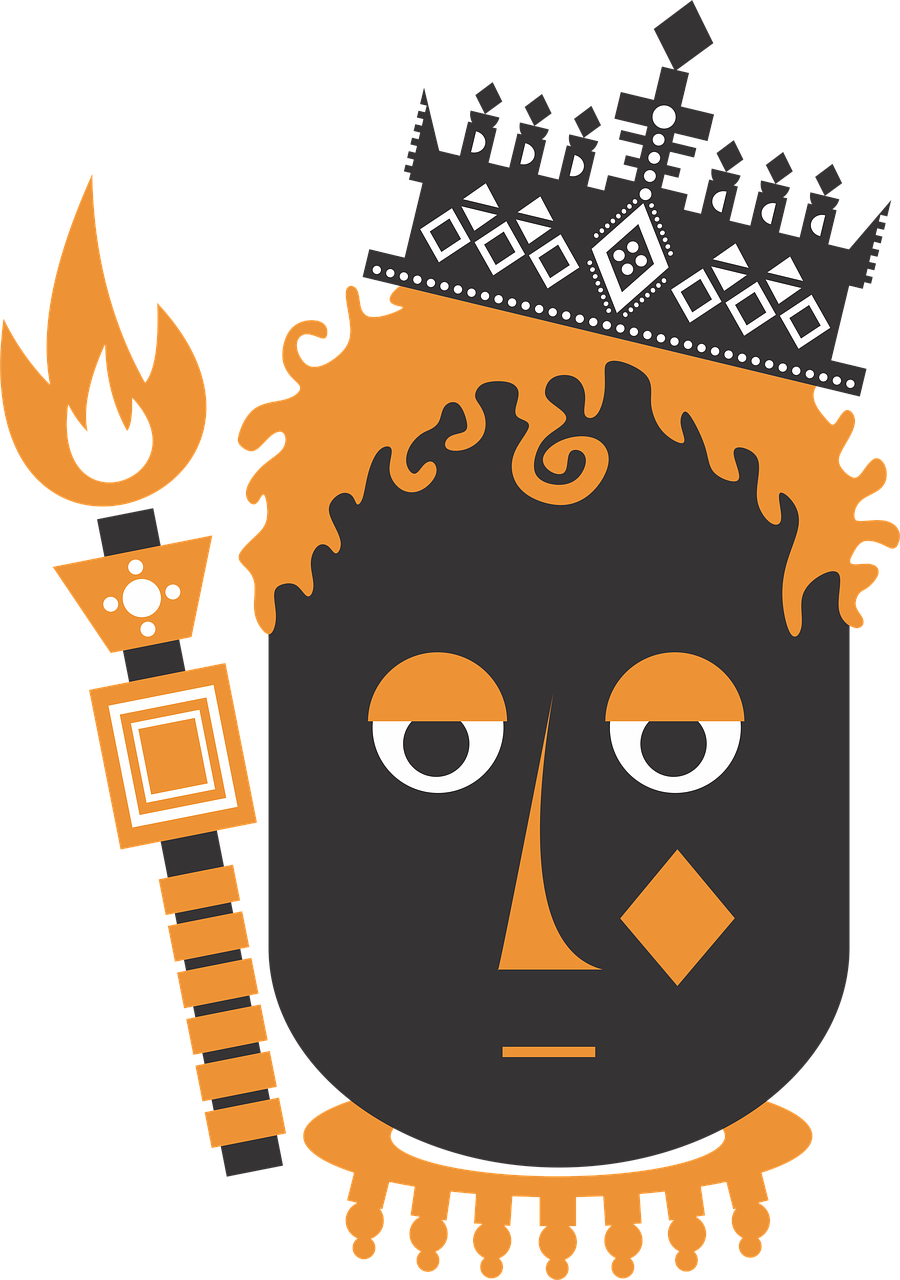 a black face with a crown on top of it, vector art, inspired by Ivan Generalić, mingei, flaming torches and pitchforks, hamlet, wearing inka clothes, app icon
