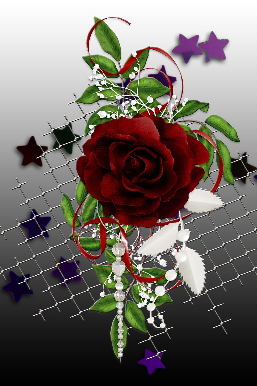 a red rose sitting on top of a metal fence, a digital rendering, inspired by Jan Henryk Rosen, beauttiful stars, wrapped in flowers and wired, ¯_(ツ)_/¯, red adornements