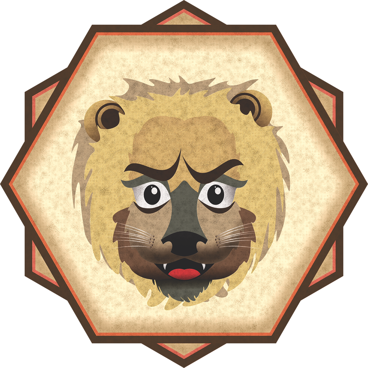 a close up of a face of a lion, a character portrait, inspired by Louis Wain, reddit, fantasy game spell icon, with blunt brown border, mobile game asset, angry bear