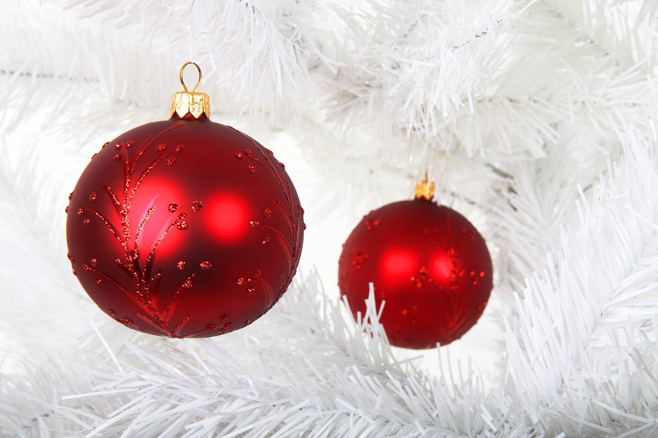 two red ornaments on a white christmas tree, a photo, closeup photo, istockphoto, the background is white, product introduction photo