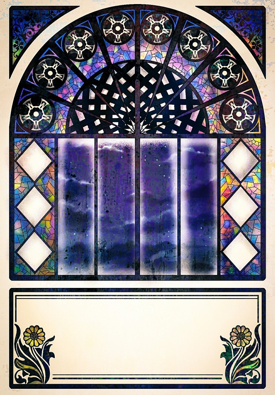 a close up of a stained glass window, a poster, inspired by Munakata Shikō, cg society contest winner, art nouveau, gothic church background, blank, ((oversaturated)), infinite celestial library