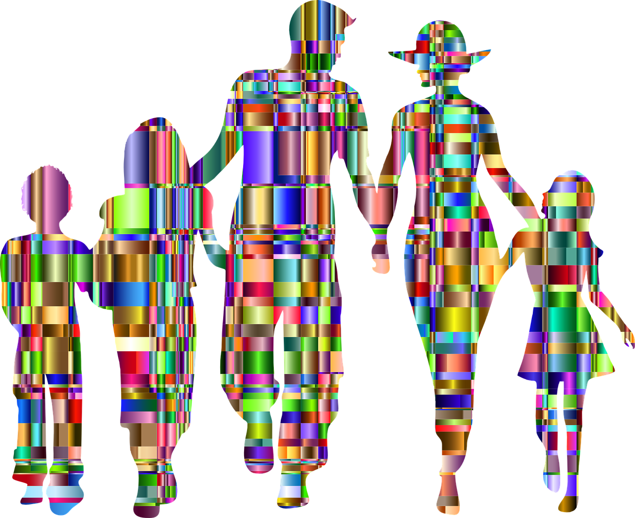 a group of people standing next to each other, a raytraced image, inspired by Yaacov Agam, pixabay, of a family leaving a spaceship, patchwork-streak style, family, ancestors